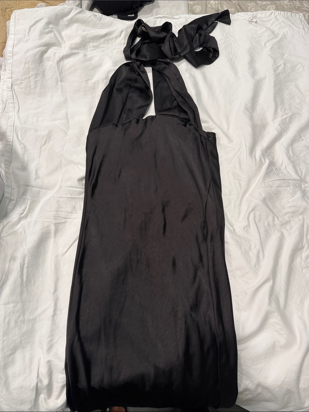 Black Silk-Feel Halter Midi Dress